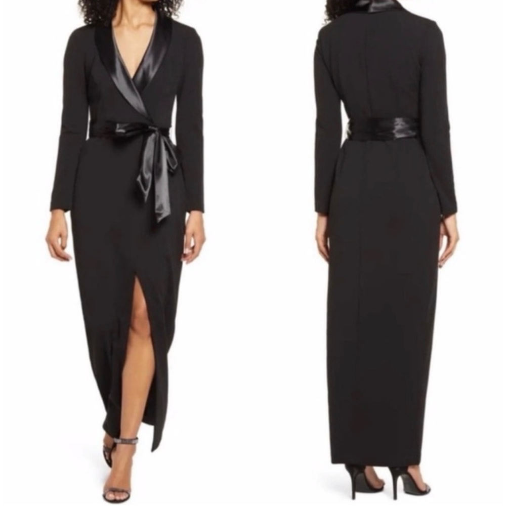 Eliza J Black Long Sleeve Satin Trim Wrap Gown